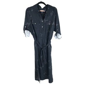 Hutch Womens Shirt Dress Origami Bird Button Front Roll Tab Sleeve Black 0X